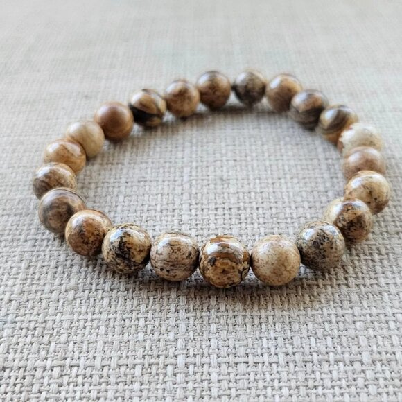Real Stone Bracelet Brown/Tan Tone Round Wristband Size adjustable Unisex Jewelr - Picture 1 of 12